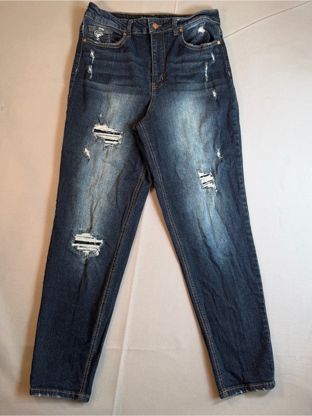 No Boundaries Jr’s sz13 Faux Distressed Dark Blue Boyfriend Jeans Covered Rips